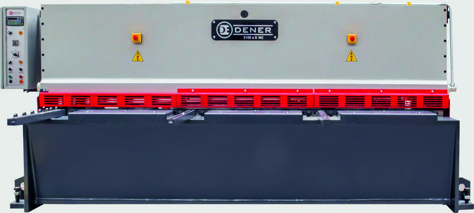 Dener BS Series swing beam shear front view with support arms